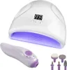 A white UV lamp for curing nail polish and a purple and white electric nail file with multiple attachments are displayed on a white background. Produktbild-Vorschau