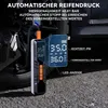 A portable tire inflator is shown next to a car tire, with a close-up inset displaying its digital screen and features. Produktbild-Vorschau