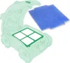 An illustration showing a pool robot with its lid open, revealing a filter compartment, and a separate blue filter pad. Produktbild-Vorschau
