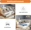 A collage showcasing a multi-functional bed with storage and sleeping features, presented in a room setting and with icons explaining its functions. Produktbild-Vorschau