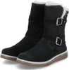 A pair of black suede boots with white fur lining and buckle details, presented against a white background. Produktbild-Vorschau
