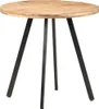 A round wooden table with three black metal legs, shown against a white background. Anteprima dell’immagine prodotto