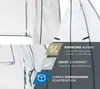 A close-up view of a greenhouse with marketing text and icons highlighting its features. Produktbild-Vorschau