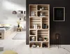 A bedroom scene with a bed, a shelf unit filled with books and decor, and a framed picture on the wall. Produktbild-Vorschau