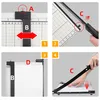 A collage of four images showing how to use a paper cutter. Produktbild-Vorschau