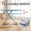 An ironing board shown in two different height positions, with a close-up inset of an adjustment mechanism. Voir les images du produit