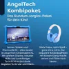 A blue tablet and blue and white headphones are displayed against a blue background with text describing their features. Produktbild-Vorschau