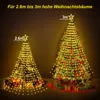 Two illuminated Christmas trees of different sizes, decorated with lights and ornaments, with gift boxes at their bases. Text indicates tree heights. Náhled obrázku produktu