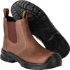 A pair of brown work boots with black soles and toe caps, shown from a slightly elevated angle against a white background. One boot is upright, and the other is lying on its side, showing the sole. Voir les images du produit