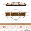 Diagrams showing the dimensions of a modern LED ceiling light with wooden accents and metal rings, along with icons indicating its features. Anteprima dell’immagine prodotto