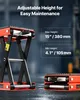 A motorcycle scissor lift is shown in two configurations, one raised and one lowered, with text overlays indicating adjustable height and specific measurements. Produktbild-Vorschau