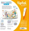 A book and a tiptoi pen are displayed on an orange and white background, with text and graphics explaining the product's features and how to use it. Voir les images du produit