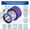A close-up of a purple HEPA filter with various icons and text describing its filtering capabilities. Produktbild-Vorschau