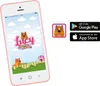 A pink smartphone displaying a children's app called 'Lucy Sing & Dance', alongside app store download badges for Google Play and the App Store. Náhľad obrázku produktu