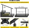 Diagrams and close-ups illustrating the features and dimensions of a black metal stair railing system. Anteprima dell’immagine prodotto