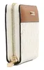 A close-up side view of a white and brown wallet with a gold zipper. Produktbild-Vorschau