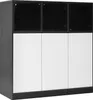 A modern sideboard with a black frame and white doors, featuring three glass-top cabinets. Produktbild-Vorschau