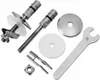 A collection of metal and plastic hardware components, likely for a toilet seat installation, laid out on a white background. Podgląd zdjęcia produktu