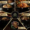 A collage of images showcasing a black cast iron pot being used for various cooking methods: baking, roasting, stewing, and grilling. The KAISERTAL logo is prominently displayed in the center. Produktbild-Vorschau