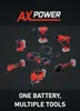 A collection of cordless power tools and batteries from the brand AX-POWER, displayed against a dark background with a tagline at the bottom. Produktbild-Vorschau