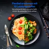 A split image showing pasta with shrimp and cherry tomatoes on one side and mixed vegetables on the other, with text overlay describing heating features. Produktbild-Vorschau