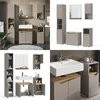 A collage of bathroom furniture sets and individual pieces, showcasing different configurations and close-ups of a modern bathroom vanity and storage units. Produktbild-Vorschau