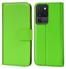 A bright green book-style phone case is shown open and closed, revealing the inside and the phone it protects. Produktbild-Vorschau
