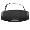 The back of a black portable Bluetooth speaker with a strap attached. Produktbild-Vorschau