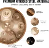 A close-up view of a handpan drum with descriptive text and inset images highlighting its features. Náhled obrázku produktu