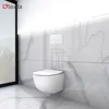 A modern bathroom with a wall-mounted toilet and a flush plate on a marble-tiled wall. Produktbild-Vorschau