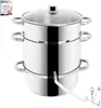 A multi-tier stainless steel steamer pot with a glass lid, shown from a slight diagonal angle. Produktbild-Vorschau