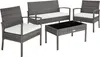 A set of outdoor furniture including a loveseat, two chairs, and a coffee table, all made of gray rattan with white cushions. Náhled obrázku produktu