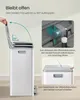 An instructional image showing how to open and close the lid of a dual-compartment trash can. Produktbild-Vorschau