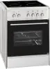 A studio shot of a stainless steel electric stove with a black oven door. Produktbild-Vorschau