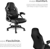A black office chair is shown from multiple angles with descriptive text in German. Produktbild-Vorschau