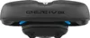 A close-up, front view of a black bicycle saddle with blue accents. Produktbild-Vorschau