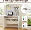 A white desk with a laptop, books, and storage shelves, set against a window with natural light. Includes diagrams illustrating anti-tip safety features. Anteprima dell’immagine prodotto