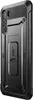 A black phone case with a carbon fiber texture on the top and a kickstand on the back. Produktbild-Vorschau