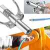 A collage of images showing a grease gun coupler, its mechanism, and its use on machinery. Produktbild-Vorschau