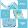 A collage of close-up images showcasing different features of a blue children's walkie-talkie. Produktbild-Vorschau