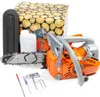 A chainsaw and its accessories are displayed on a white background, with a box of firewood in the background. Produktbild-Vorschau