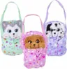 Three plush dog toys in carriers, each with a different color and pattern. Produktbild-Vorschau