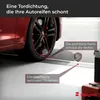 A close-up of a car tire on a garage floor, with marketing text and icons highlighting product features. Produktbild-Vorschau