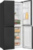 A black refrigerator with its doors open, displaying food items inside. Produktbild-Vorschau