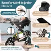 A baby in a stroller with various features highlighted with text overlays and close-up images. Produktbild-Vorschau