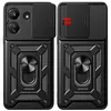 Two views of a black phone case with a ring stand and camera lens cover. Produktbild-Vorschau