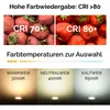 The image displays information about light bulb color rendering index (CRI) and color temperature options, using images of strawberries and light effects to illustrate the concepts. Produktbild-Vorschau
