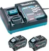 A Makita battery charger and two batteries are shown against a white background. Voir les images du produit