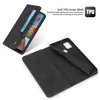 A black leather flip phone case is shown open, with a phone inserted into one side and the interior of the case, featuring card slots, visible on the other. A separate black phone case interior is also displayed. Produktbild-Vorschau