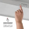 A hand is shown pressing a button on a kitchen hood. Text overlays describe the product's convenience. Náhľad obrázku produktu
